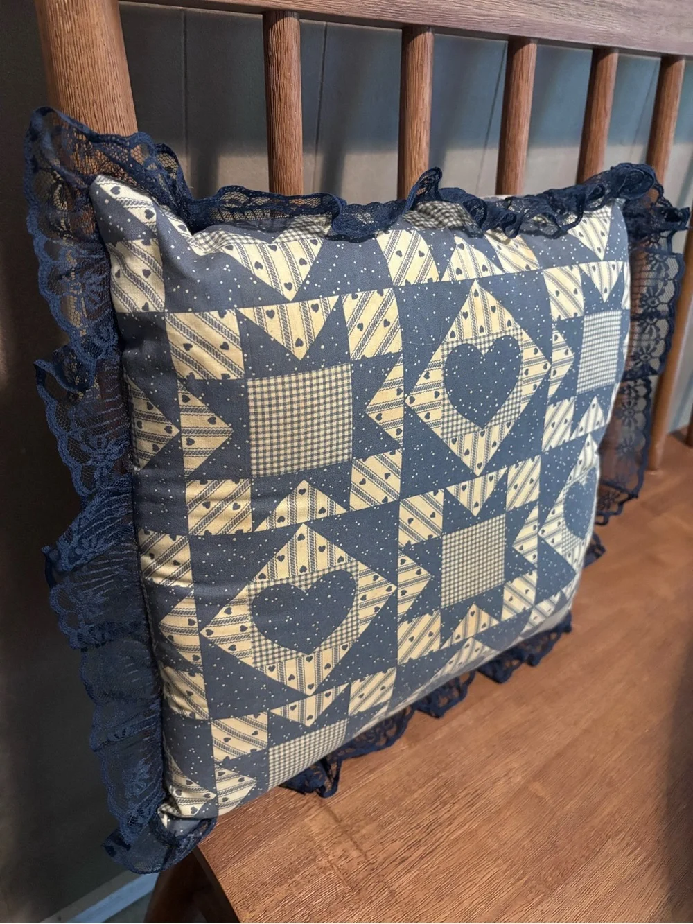 Blue & Cream Quilted Heart Patchwork Decorative Pillow - Home Bedding